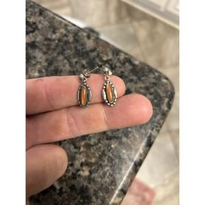 Beautiful Navajo oblong oval cut orange spiny oyster stone shadowbox  Earrings